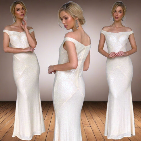 Mei Mei- Cream Sequin V Neck Gown